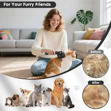 Black handheld steam grooming brush with spray mist nozzle on pet coat
