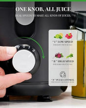 Black juicer with dual-speed control knob, feed chute, and clear pulp container.