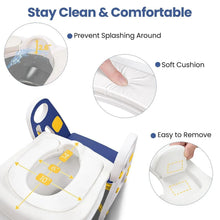 Blue potty training toilet seat with removable soft cushion and splash-preventing design