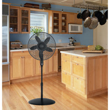 Black oscillating pedestal fan for home use with front grille and base