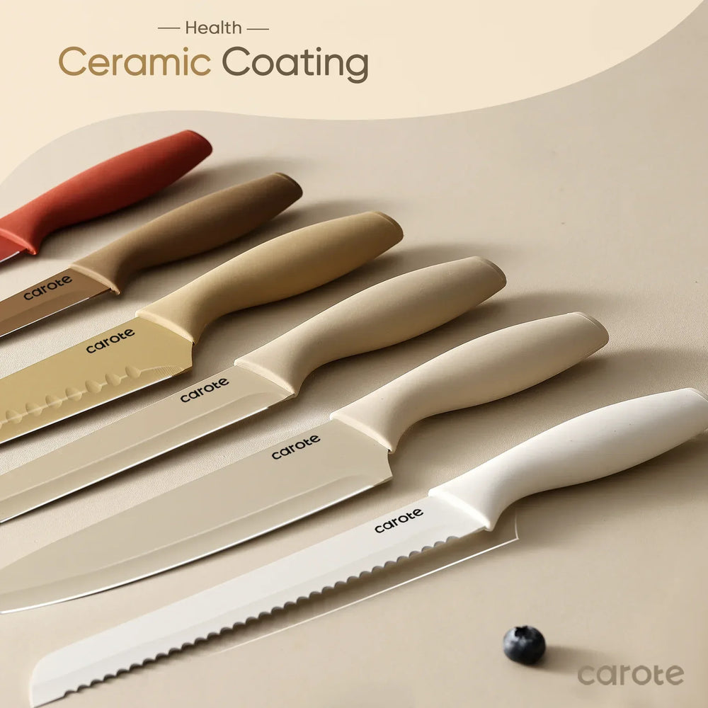 Carote 12 Pcs Kitchen Knife Set, Stainless Steel Knife Set with Nonstick Creamic Coating, Taupe - USA MEGA SHOP
