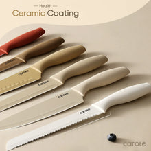 Ceramic-coated knives with cream handles and blades, shown in a side-by-side arrangement.