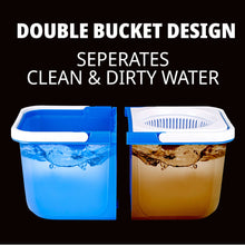 Double-bucket spin mop system with blue and dirty-water compartment, white wringer insert