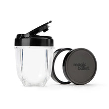 Black personal blender with clear blending cup and to-go lid attachment