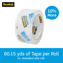 Single Scotch packaging tape roll, labeled as 10% more tape and 60.15 yards per roll.