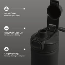 Black stainless steel water bottle with open spout and push-lock lid, large opening