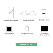 Screen protector box contents: application tabs, cleaning wipe, dust tape, microfiber cloth
