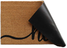 Coir doormat with black 'hello' on tan, corner lifted view