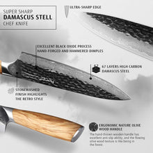 Damascus chef knife with olive-wood handle and hammered dark patterned blade