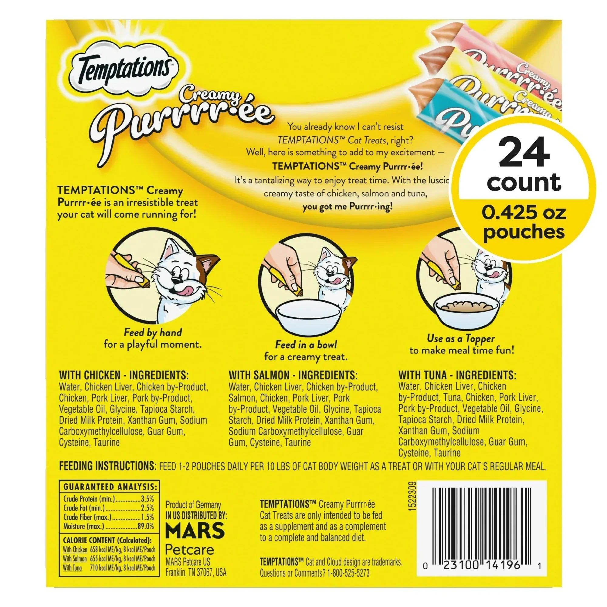 Temptations Creamy Puree Chicken, Salmon & Tuna Lickable Cat Treats, 12g Pouches (24 Pack) - USA MEGA SHOP