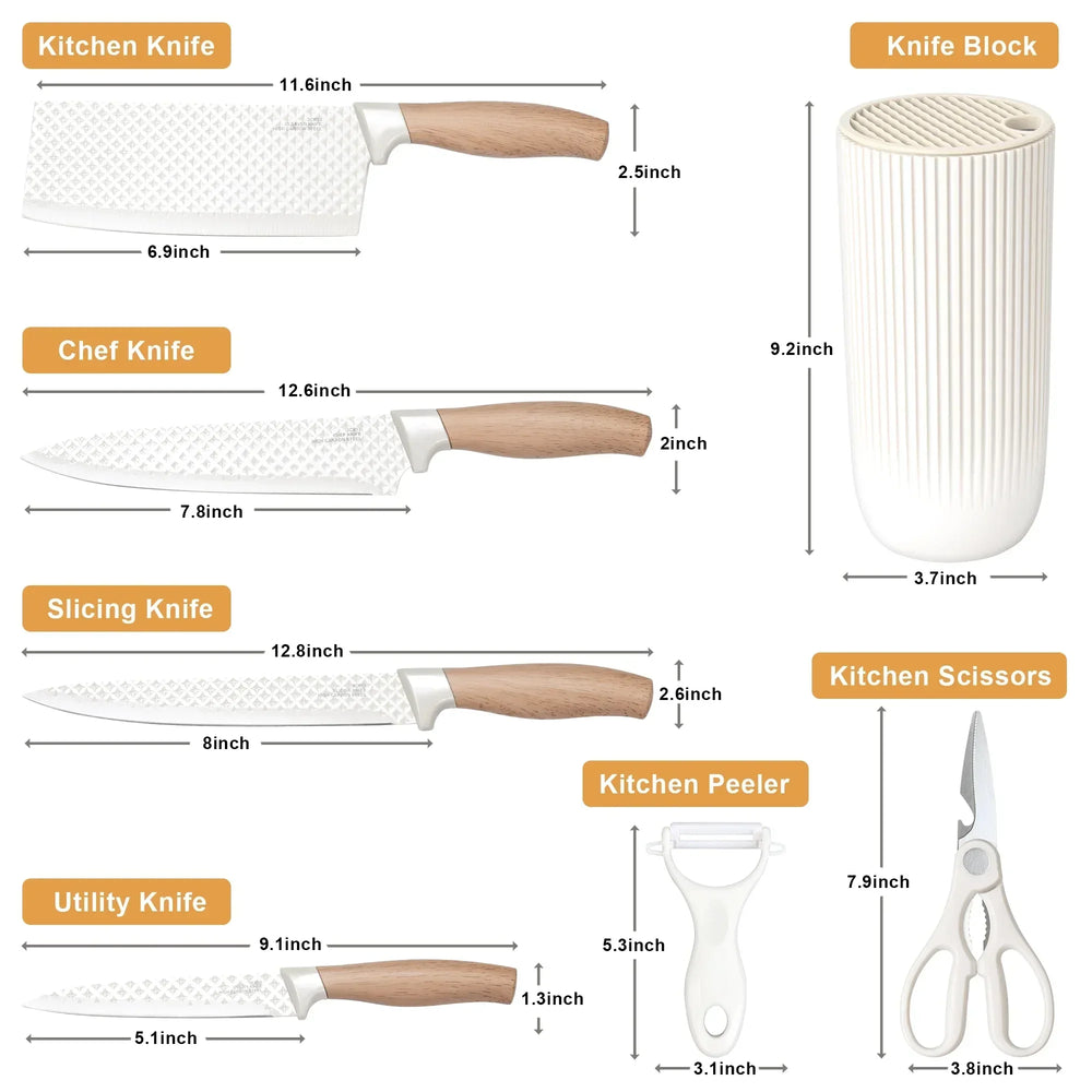 Joyfair Kitchen Knife Set, 7 Pcs Stainless Steel White Knives Block Set for Chef, Super Sharp Professional Knife Set with Universal Knife Block for Home Restaurant, Non-Stick & Anti-Rust - USA MEGA SHOP