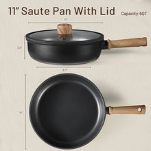11-inch black saute pan with lid, wooden handles, and top-and-side dimensions