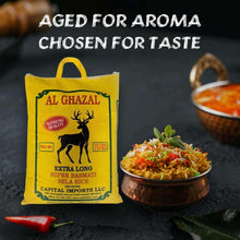 Extra long basmati rice bag beside bowl of spiced rice and fresh herbs.