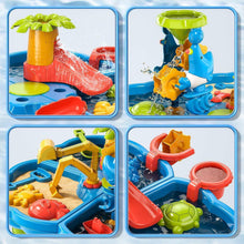 Sand and water table play panels showing red slide, yellow tools, and turtle pieces