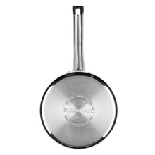 Stainless steel saucepan base with handle attachment and Farberware logo