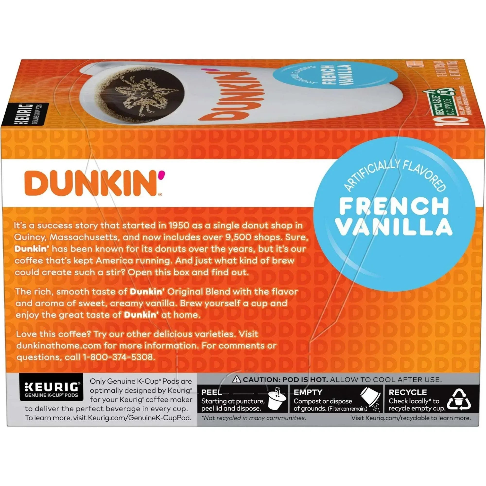 Dunkin’ French Vanilla Artificially Flavored Coffee, Keurig K Cup Pods, 10 Count Box