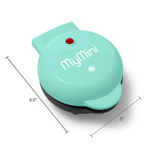Teal mini waffle maker with lid and size indicators: 6.5 in by 5 in
