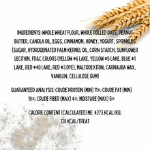Dog treat ingredients and nutrition facts panel with text