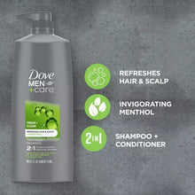 2-in-1 shampoo conditioner bottle with green icons for refresh and scalp, menthol
