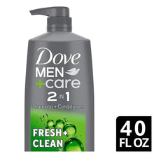 2-in-1 shampoo conditioner bottle front, Dove Men+Care logo, Fresh+Clean and 40 fl oz