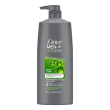 2-in-1 shampoo conditioner bottle with gray pump, Dove Men+Care label and green badge