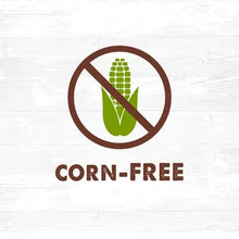 Chicken jerky treats “Corn-Free” badge with crossed corn icon