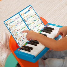 Mini musician's piano toy with open songbook and hands playing the keys