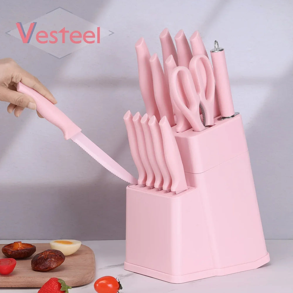 Vesteel Knife Set for Kitchen with Block, 15 Pcs High Carbon Stainless Steel Kitchen Knife Set with Self Sharpening - USA MEGA SHOP