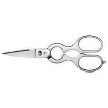 Kitchen shears with serrated blade and stainless handles with finger loops