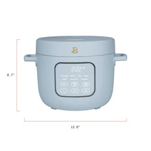 Cornflower blue electric rice cooker with digital control panel, size labeled.