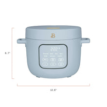 Cornflower blue rice cooker shown with front dimensions for size reference