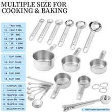 Stainless measuring cups, spoons, and coffee scoop with size markings for cooking and baking