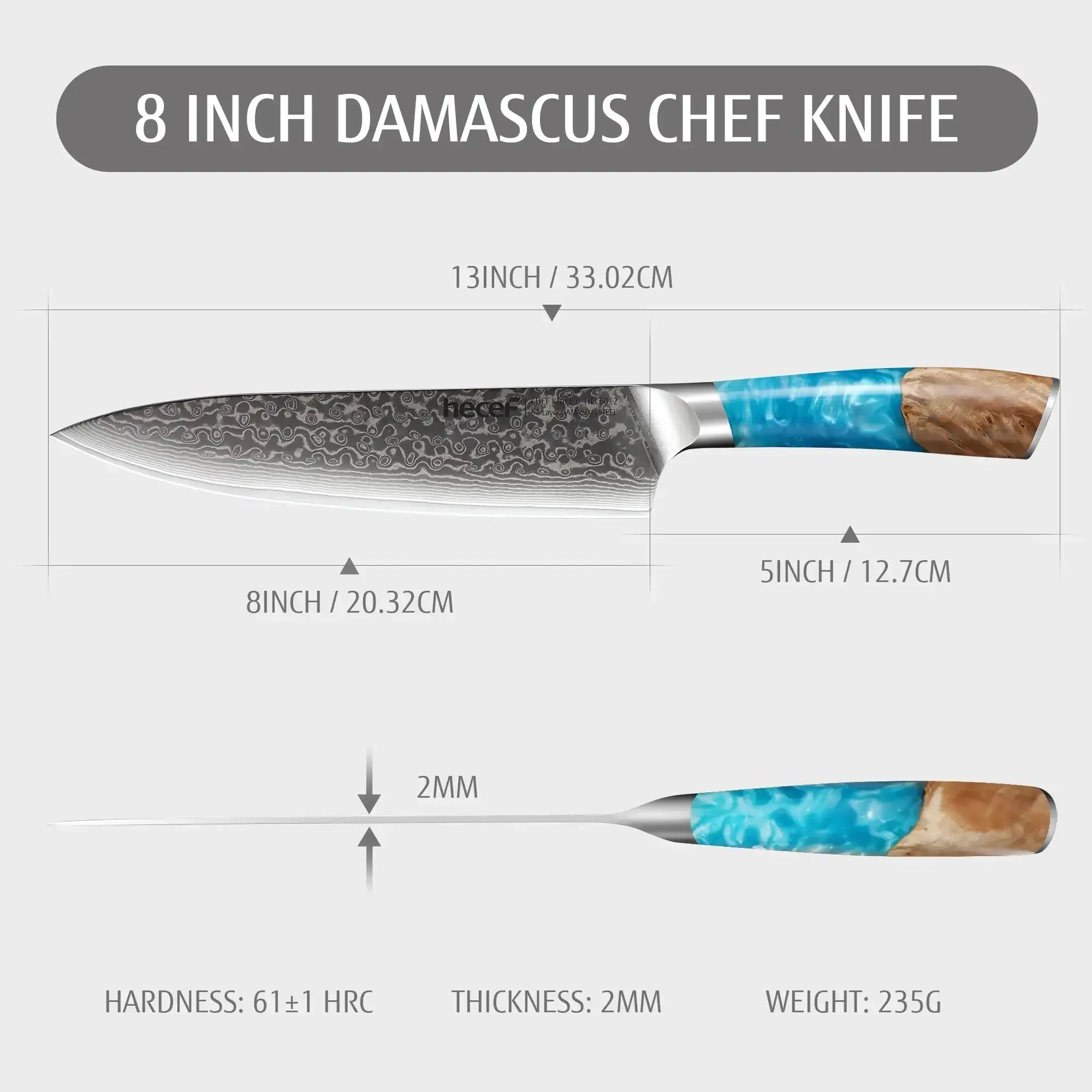 Hecef 8-Inch Chef Knife, Japanese Damascus Steel Blade with Resin Handle - USA MEGA SHOP