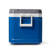 Igloo Latitude 52 blue cooler front view with lid open and white handle