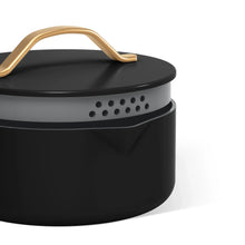Ceramic nonstick covered sauce pan lid with vent holes, dark finish and gold-tone handle
