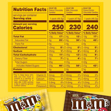 Nutrition facts panel with calories and serving details for three M&M's candy types