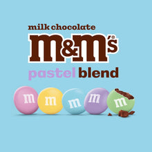 Pastel blend milk chocolate candies with M&M’s branding on blue background