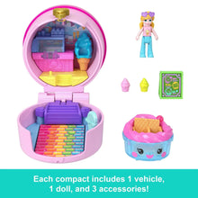 Open pink compact with colorful play tiles plus tiny doll and food accessories
