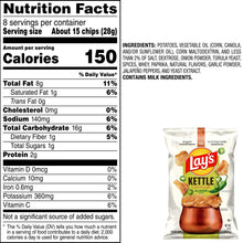 Nutrition facts panel on kettle cooked potato chips bag with serving size and ingredients