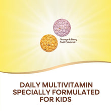 Kids daily multivitamin panel with orange and berry fruit-flavored tablet icons.