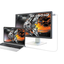 USB-C to HDMI cable connecting laptop and monitor, with white cord and gray ends