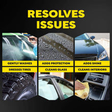 Meguiar's car care kit graphic showing tires, glass, and interior cleaning benefits