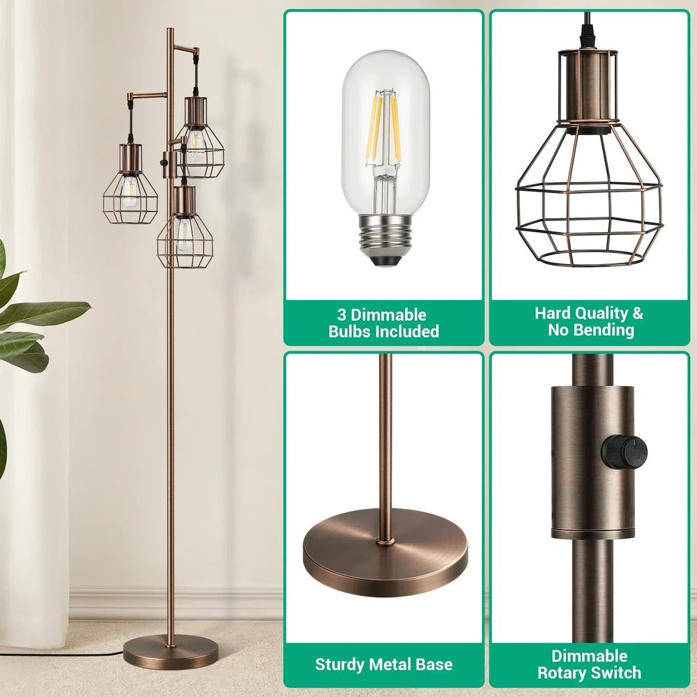 EDISHINE 65IN Farmhouse Industrial Black Floor Lamps for Living Room, Dimmable, Metal Standing Tree Lamp for Bedroom, Office, Home Decor, Lighting, 3 LED Bulb Included - USA MEGA SHOP
