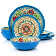 Blue melamine dinner plates with central mandala floral pattern, set