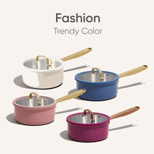 Multi-color saucepan set with lids and gold handles in blue, purple, pink, and white
