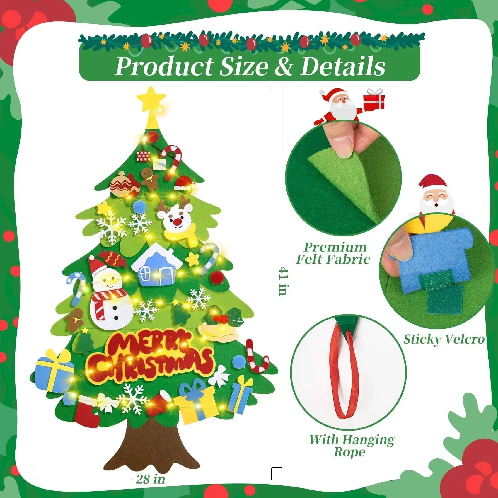 Jubtucc DIY Felt Christmas Tree Set with Light String, 38 Pcs Christmas Ornaments, 3.6 ft Wall Hanging Christmas Decorations for Kids Gifts New Year