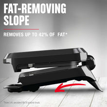 George Foreman 4-serving grill with fat-removing slope, open lid and drip area