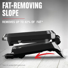 George Foreman grill with hinged lid open and grease-drain slope