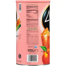 Back of peach iced tea mix can with nutrition facts and ingredients panel