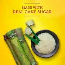 Cane sugar pieces and granulated sugar with text “Made with Real Cane Sugar”